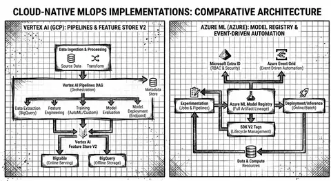 Detailed diagrams comparing the MLOps architectures of Google Cloud Vertex AI and Microsoft Azure Machine Learning. Architectural comparison between Google Vertex AI and Microsoft Azure ML.