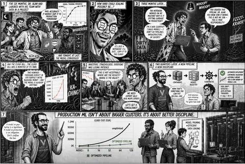 A comic strip illustrating the journey from a successful model in a notebook to a chaotic, expensive production failure, and finally to a disciplined MLOps approach. The MLOps disaster story: From working notebook to production failure, high cloud costs, and eventual disciplined pipeline.